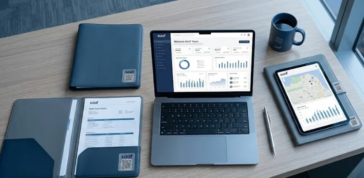 Escritorio con laptop, tablet y documentos SAAF mostrando reportes y control de activos